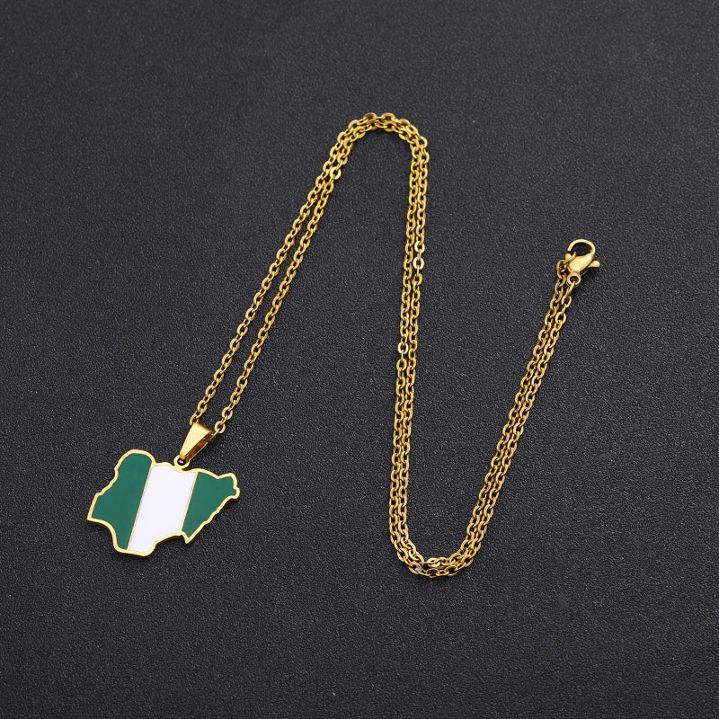 Trendy Africa Nigeria Map Flag Pendant Necklace for Men & Women – Gold & Silver Stainless Steel African Jewelry Gift