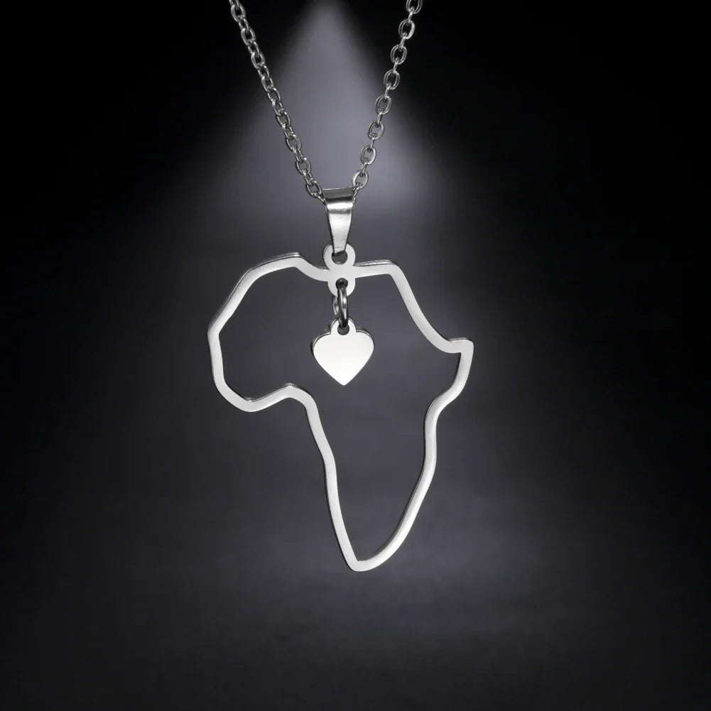 Trendy African Map Pendant Necklace for Women – Stainless Steel Geometric Motherland Necklace, Gold, Rose Gold, or Steel Color