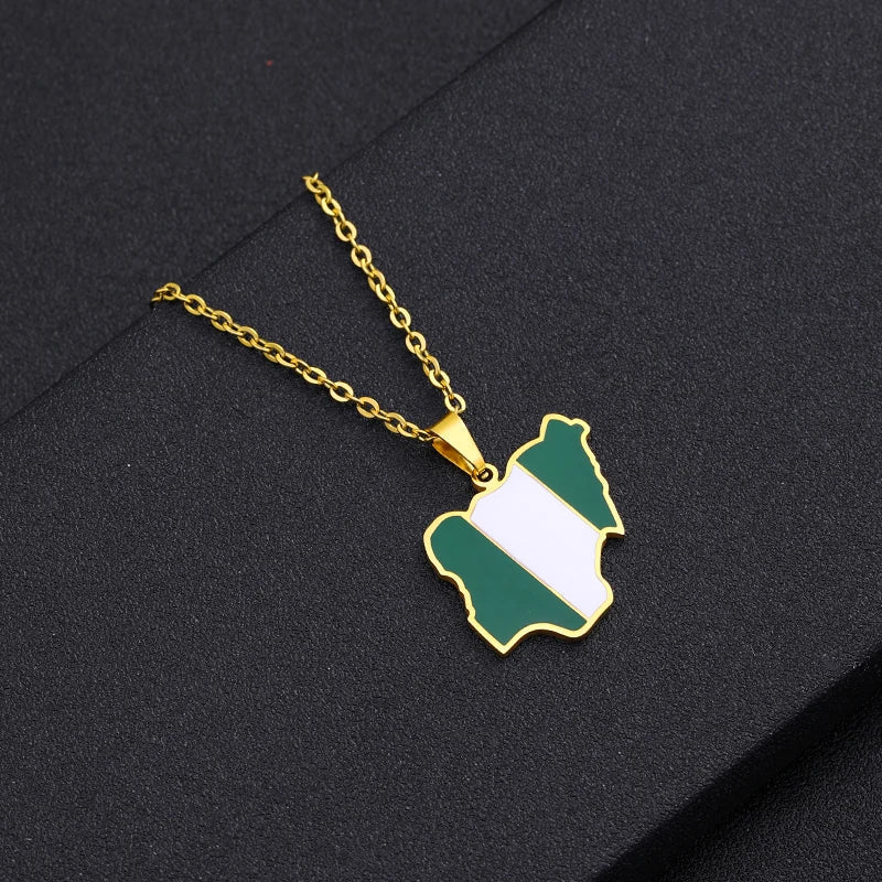 Trendy Africa Nigeria Map Flag Pendant Necklace for Men & Women – Gold & Silver Stainless Steel African Jewelry Gift