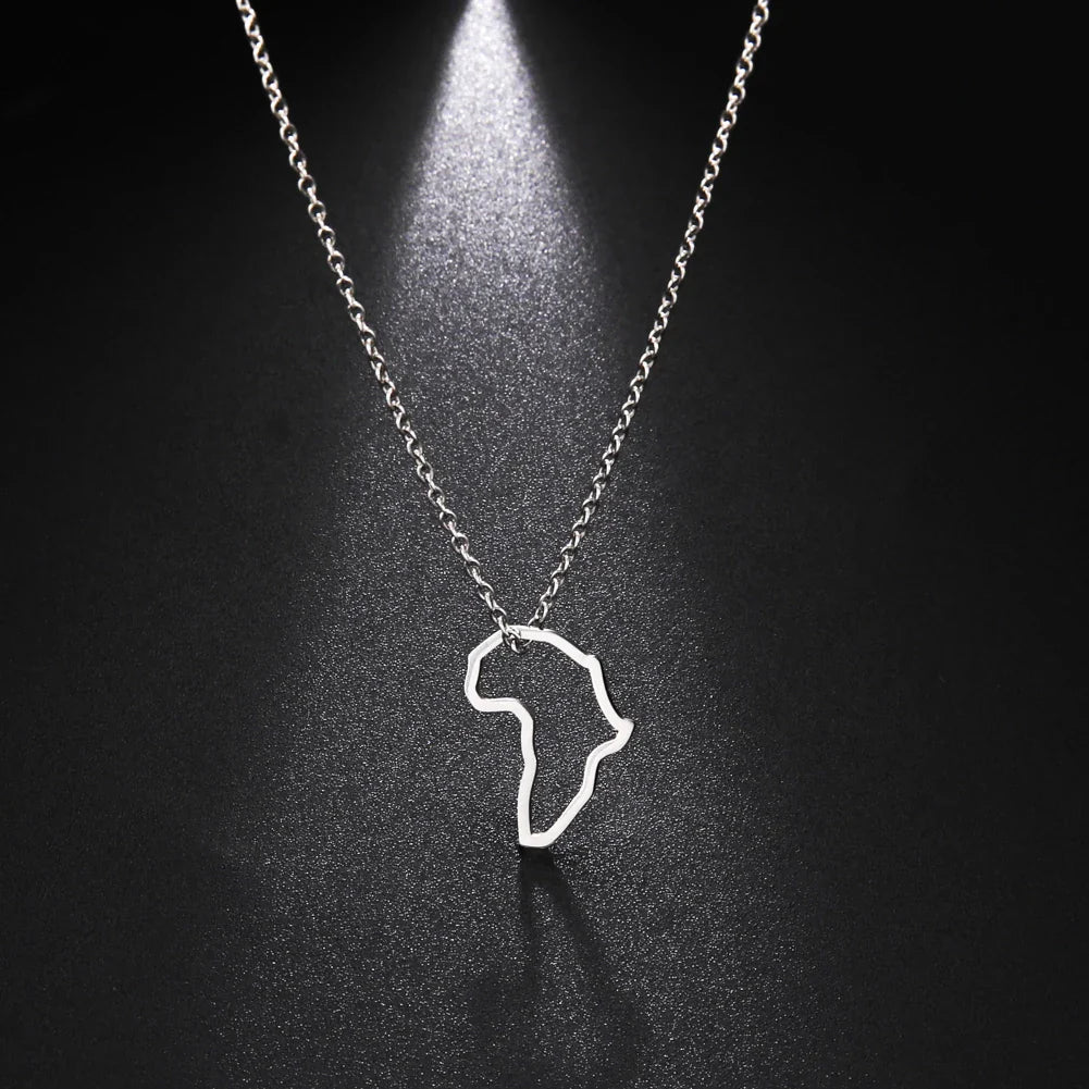 Trendy African Map Pendant Necklace for Women – Stainless Steel Geometric Motherland Necklace, Gold, Rose Gold, or Steel Color