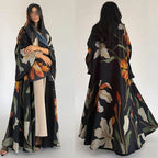 Elariah Women's Floral Print Open Front Abaya with Matching Hijab Scarf – Modest Maxi Cardigan Kaftan, Black Polyester