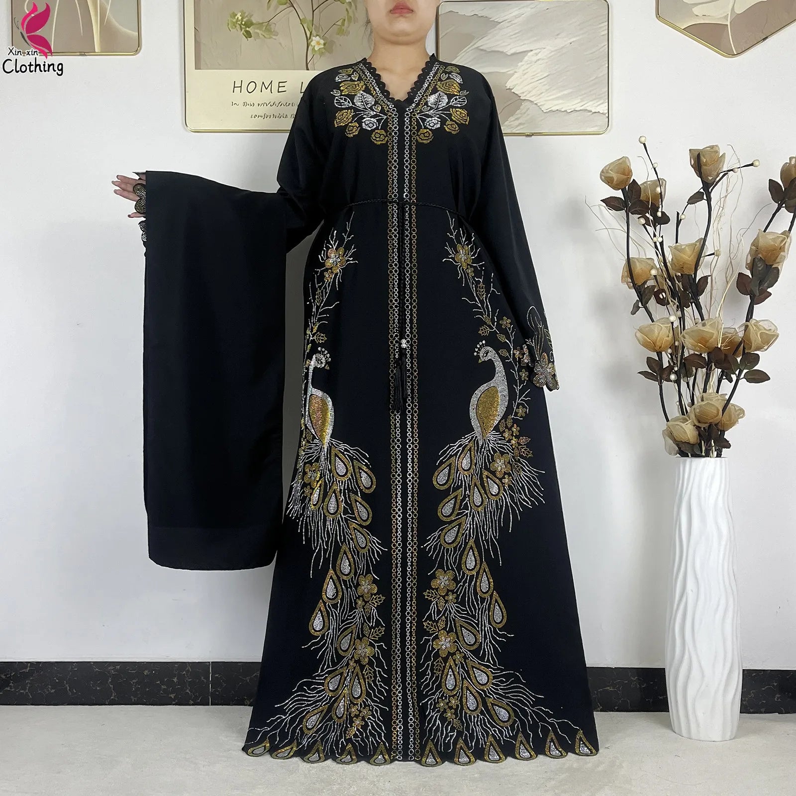 Elariah Diamond Chiffon Modest Abaya Dress – Elegant Long Sleeve Islamic Maxi Robe
