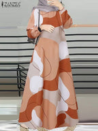 Elariah Women's Printed Maxi Kaftan Dress – Loose Fit Long Sleeve O-Neck Modest A-Line Abaya