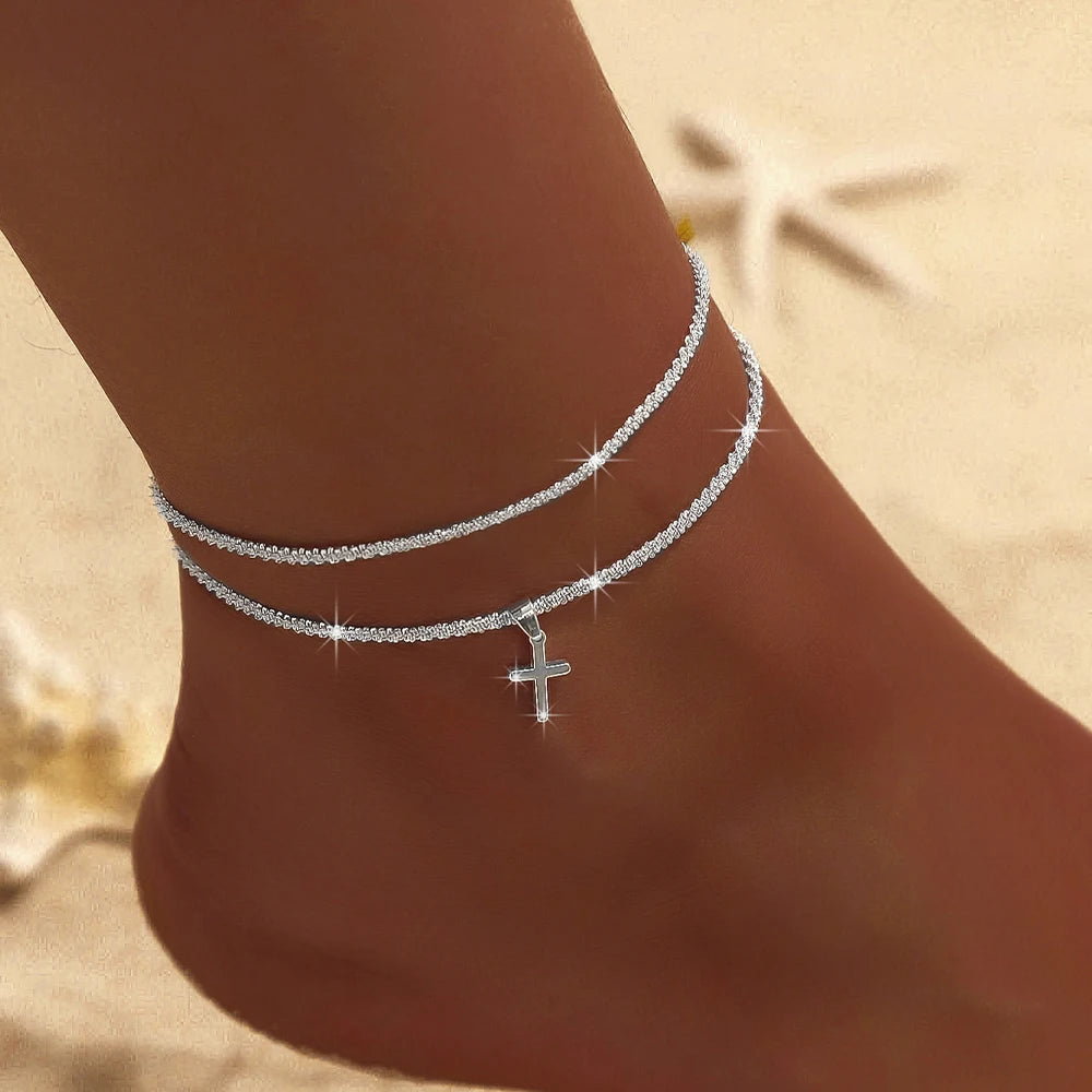 Elariah 925 Silver Plated CZ Zircon Anklet Bracelet – Waterproof Dainty Layered Chain Anklet for Women