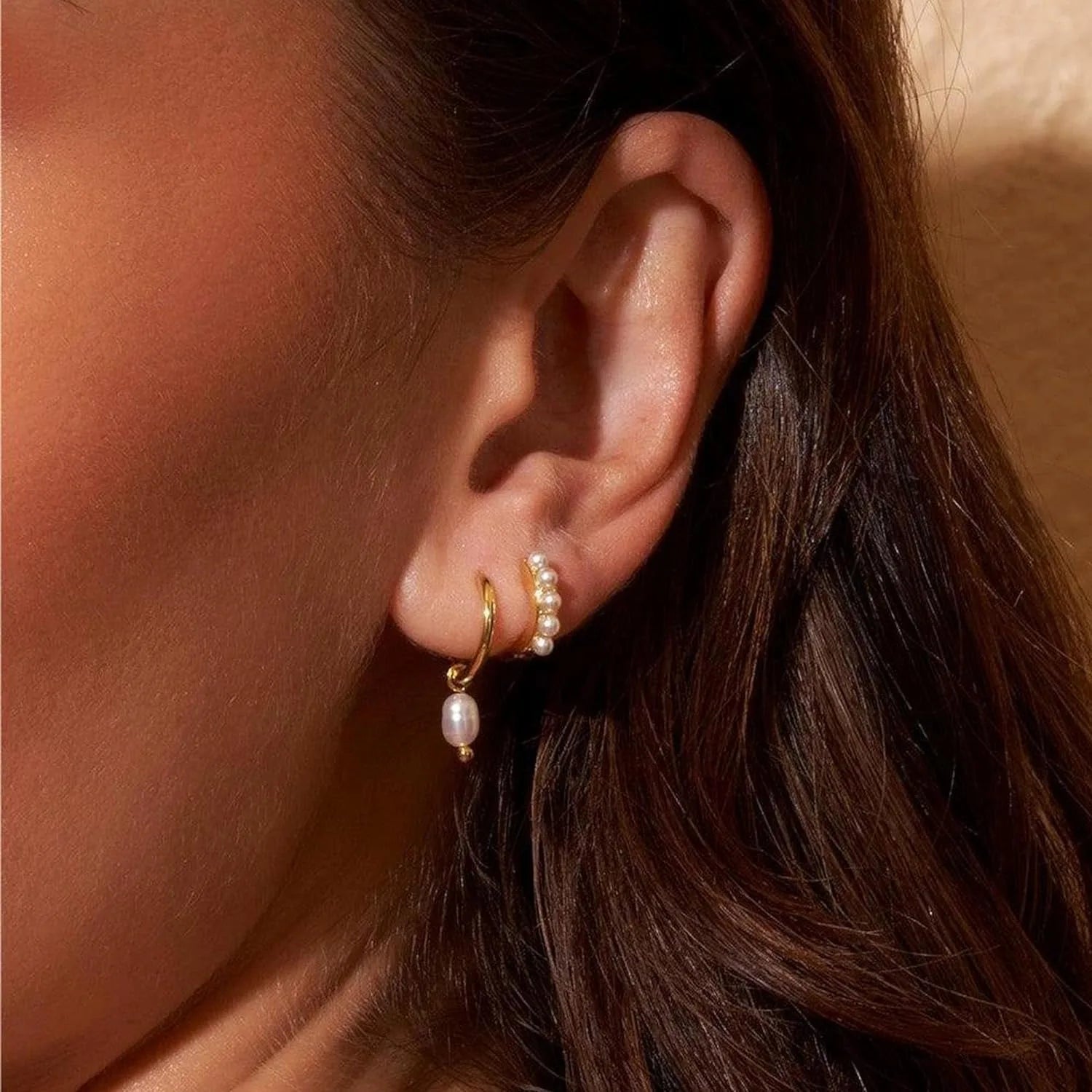 2-Pair Set Vintage Pearl Dangle Hoop Earrings – 18K Gold Plated Stainless Steel Hoops for Women