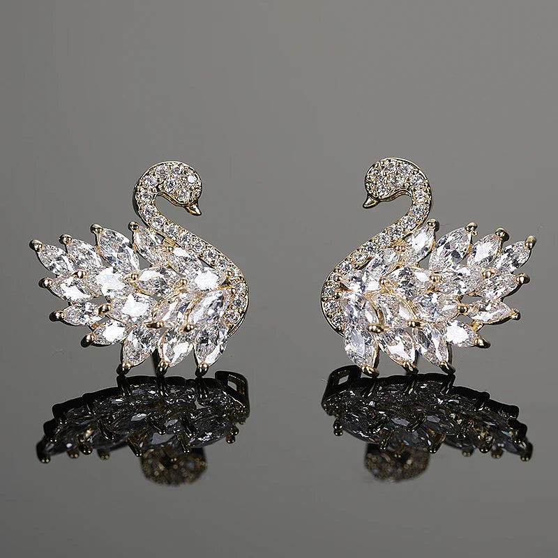 Swan Zircon Stud Earrings for Women – Gold Plated Copper Long Swan Earrings with Micro-Pavé Cubic Zirconia | Elegant Goddess Style Jewelry