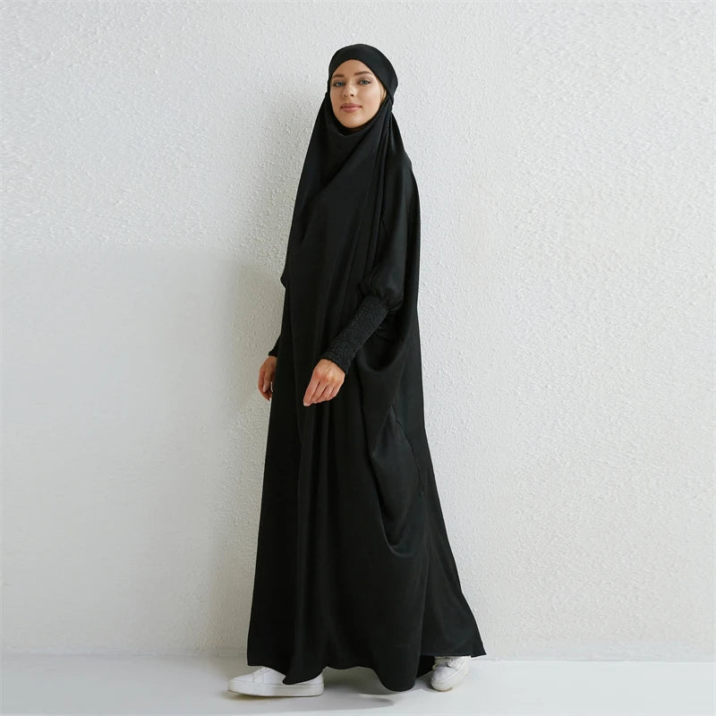 Elariah Hooded Modest Prayer Abaya for Women – Loose Fit Islamic Jilbab Maxi Dress with Smocked Sleeves