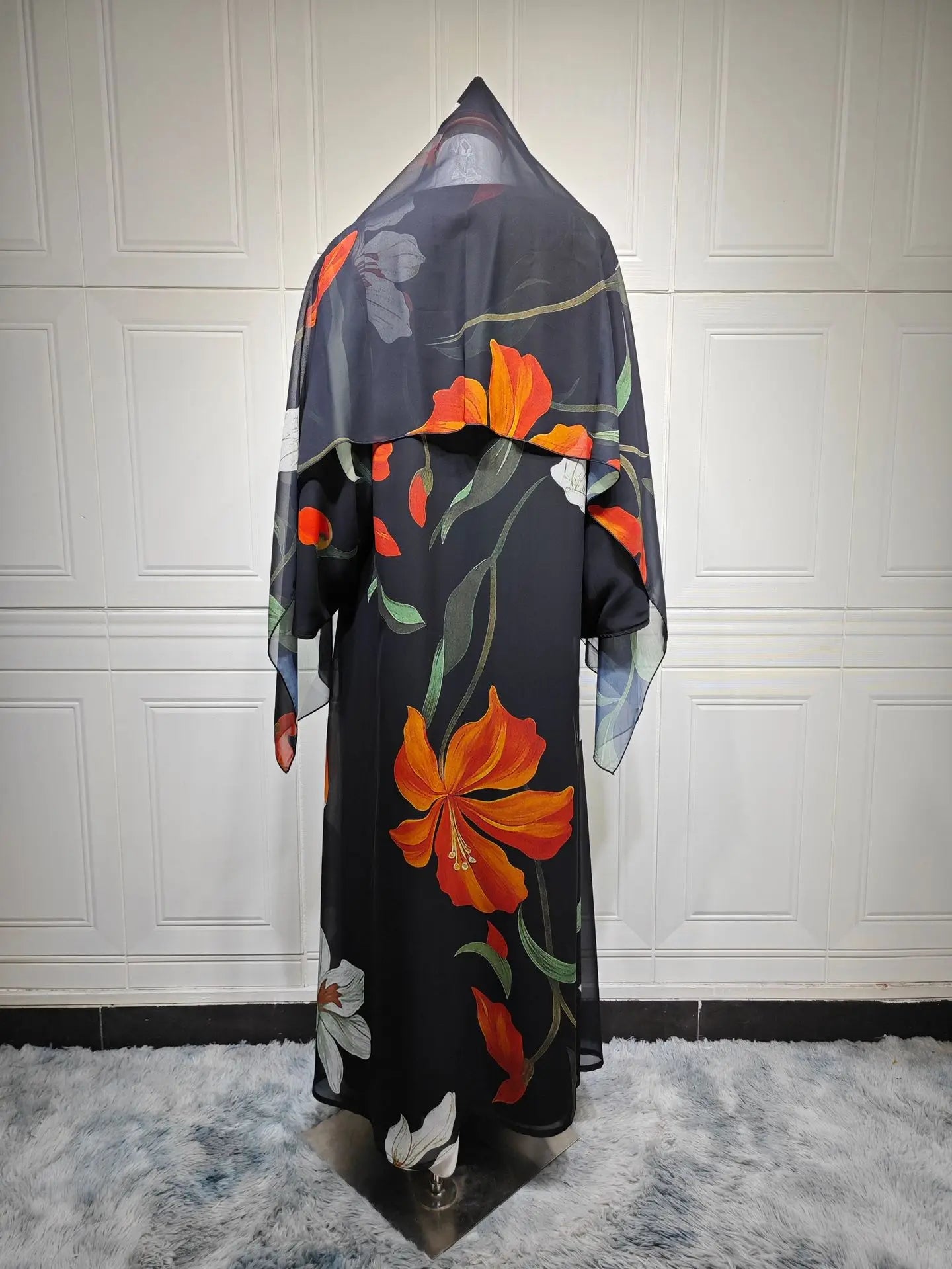 Elariah Women's Floral Print Open Front Abaya with Matching Hijab Scarf – Modest Maxi Cardigan Kaftan, Black Polyester