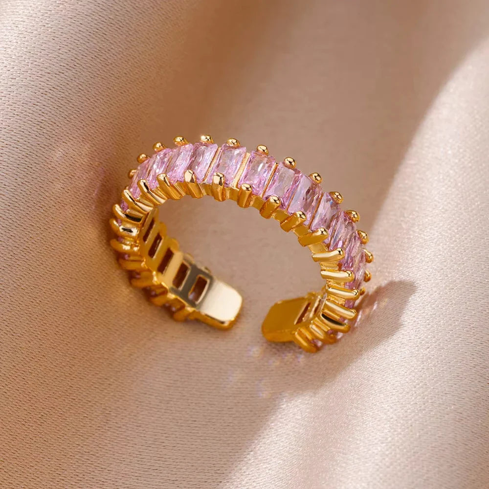 Luxury Gold-Plated Heart Ring with Colorful Zircon Stones – Adjustable Stainless Steel Cocktail Ring for Women