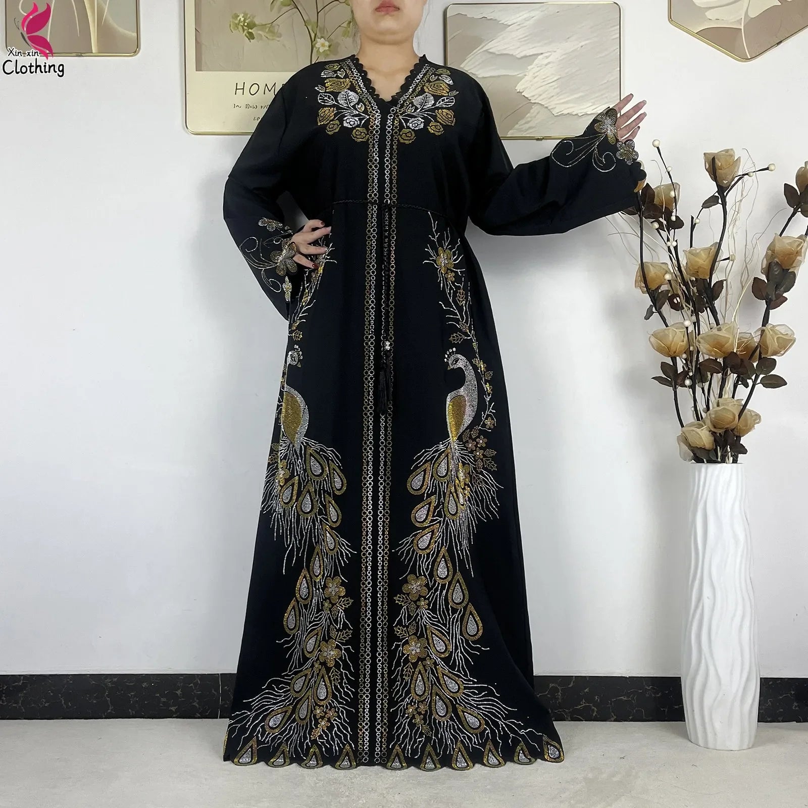Elariah Diamond Chiffon Modest Abaya Dress – Elegant Long Sleeve Islamic Maxi Robe