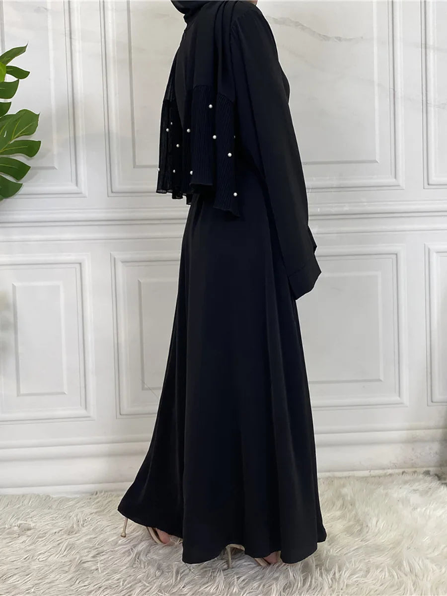 Elegant Modest Maxi Dress with Waist Tie – Long Sleeve Woven Abaya Style Dress for Women (All Season)