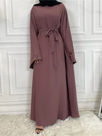 Elegant Modest Maxi Dress with Waist Tie – Long Sleeve Woven Abaya Style Dress for Women (All Season)