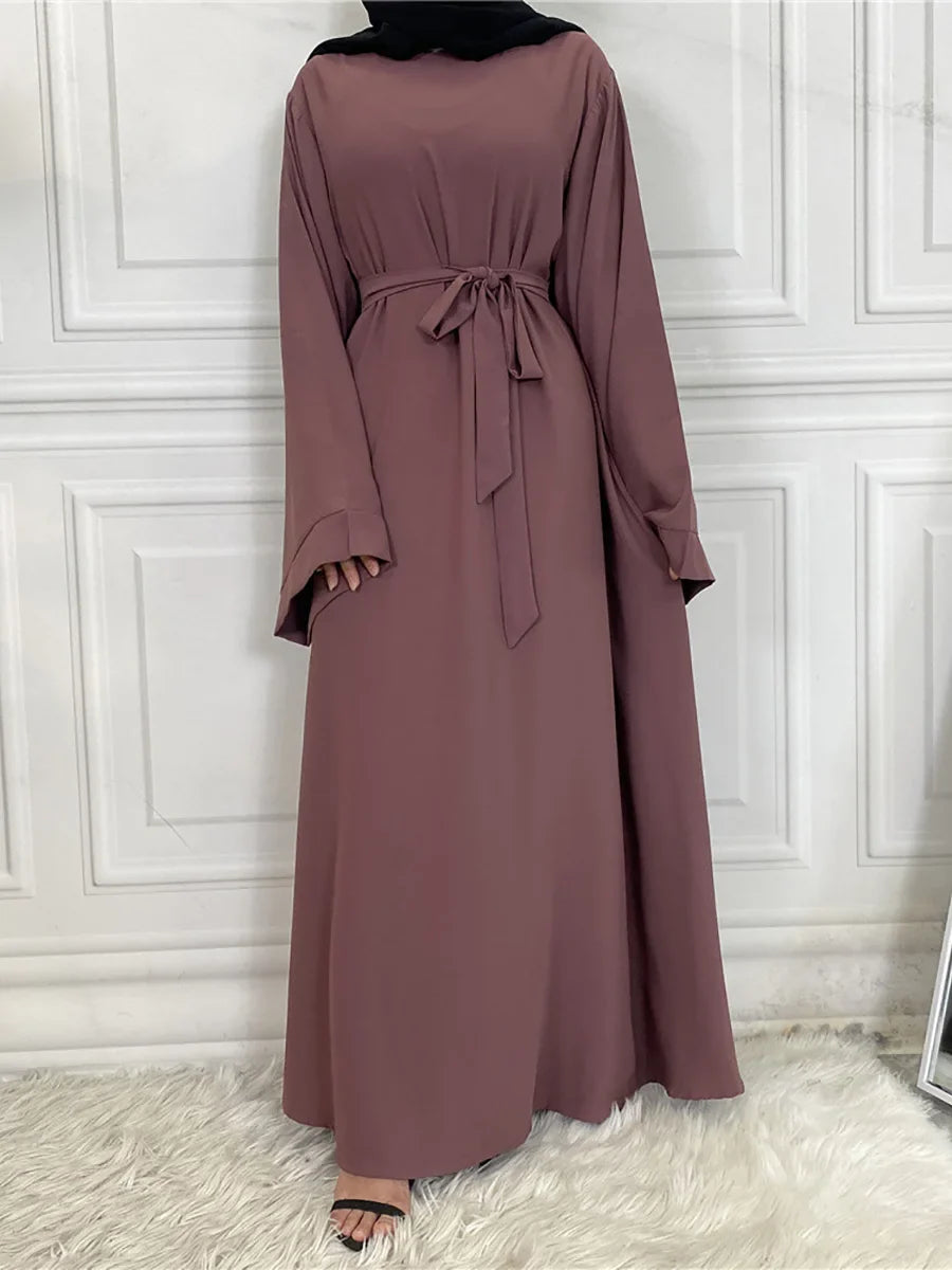 Elegant Modest Maxi Dress with Waist Tie – Long Sleeve Woven Abaya Style Dress for Women (All Season)