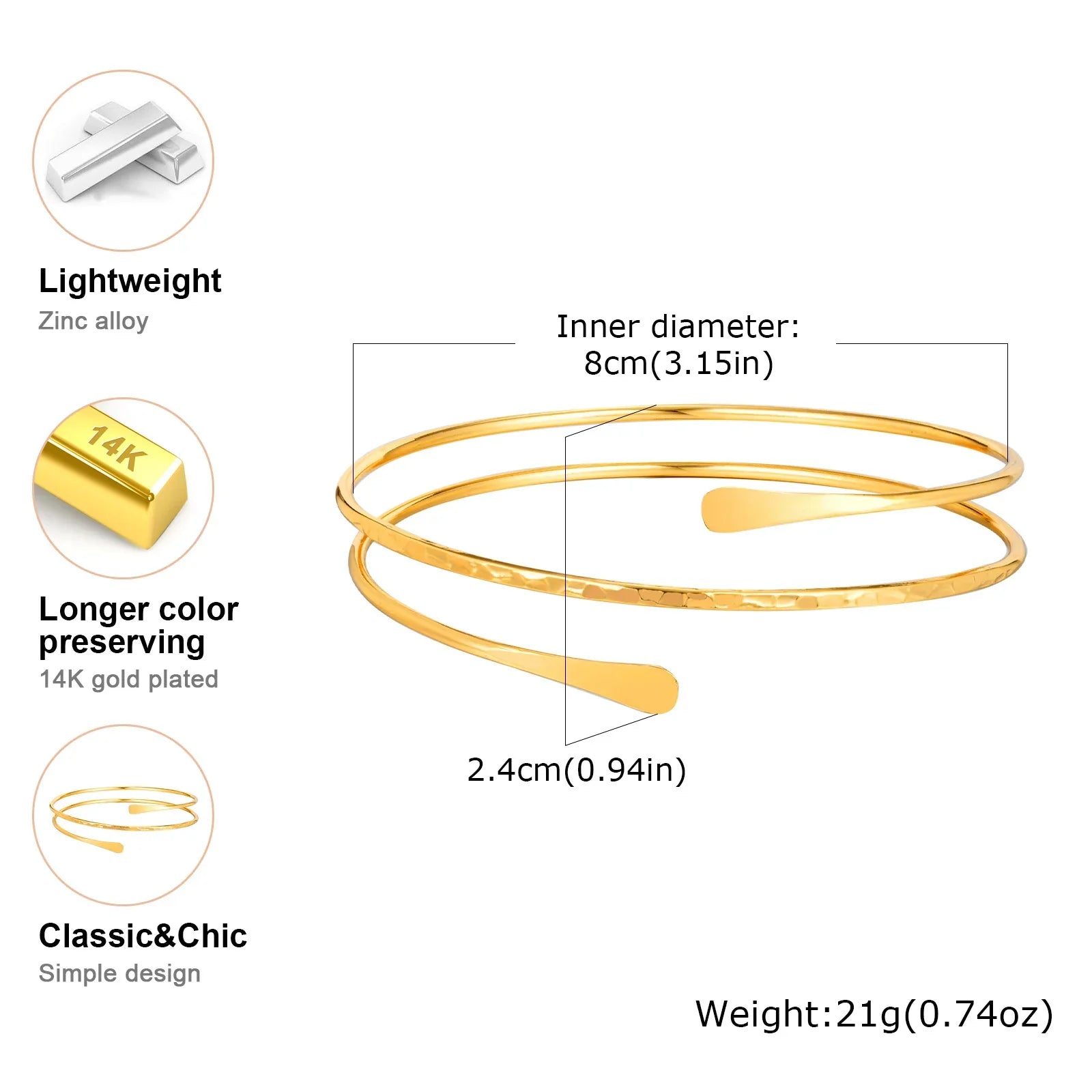 Minimalist Gold Plated Upper Arm Cuff Bracelet – Trendy Statement Armband Jewelry for Women