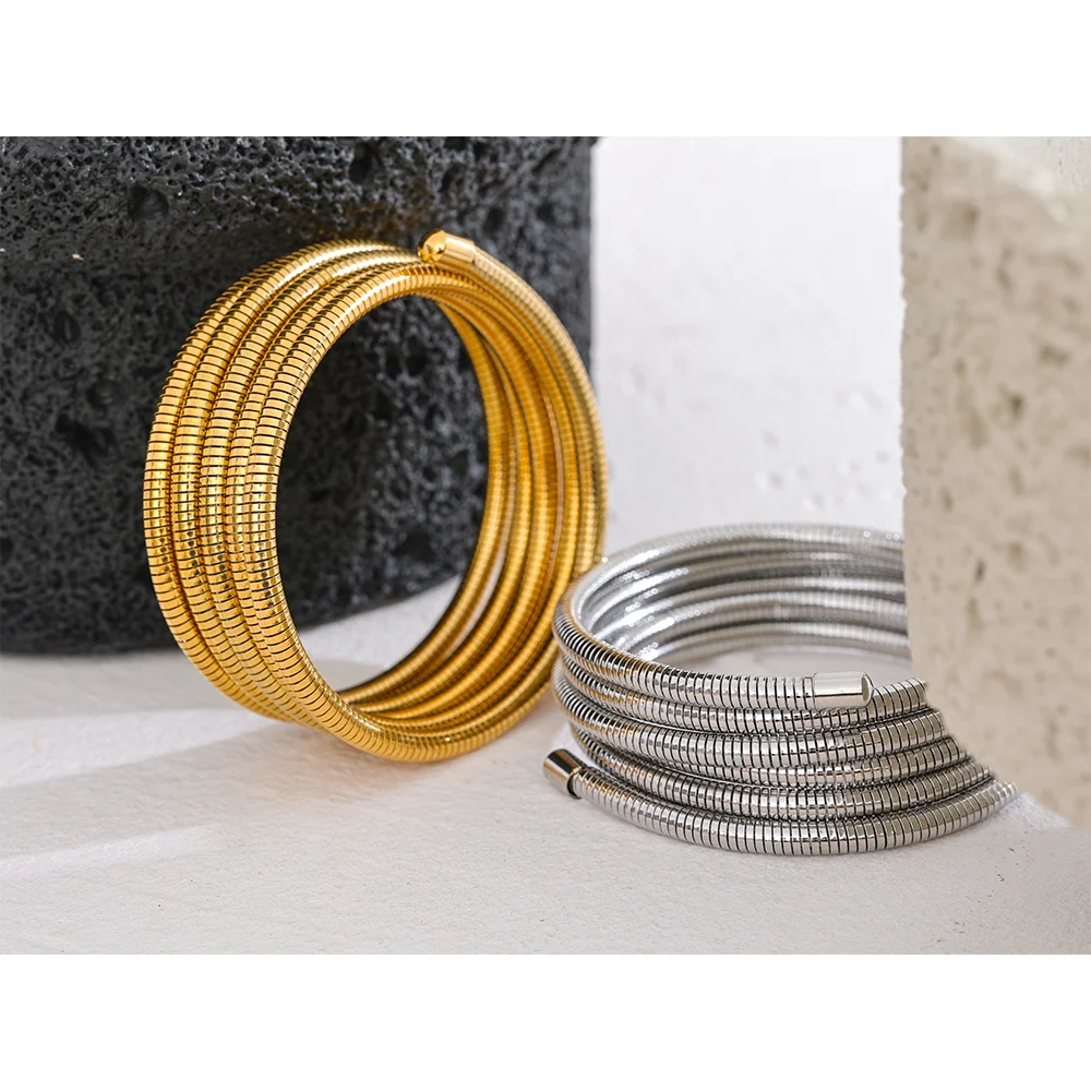 Elariah 18K Gold Plated Stainless Steel Multi-Layer Wrap Cuff Bangle – Waterproof Stackable Open Bracelet