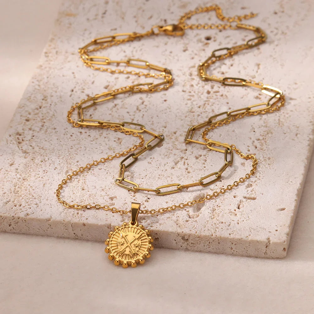 Sunflower Pendant Geometric Necklace – Stainless Steel Clavicle Chain for Women