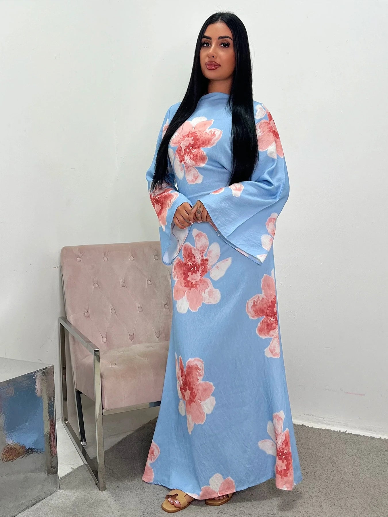 Vestido Abaya modesto con estampado floral Elariah para mujer – Caftán musulmán de manga larga, elegante vestido maxi Jalabiya para Eid, Ramadán y ocasiones especiales