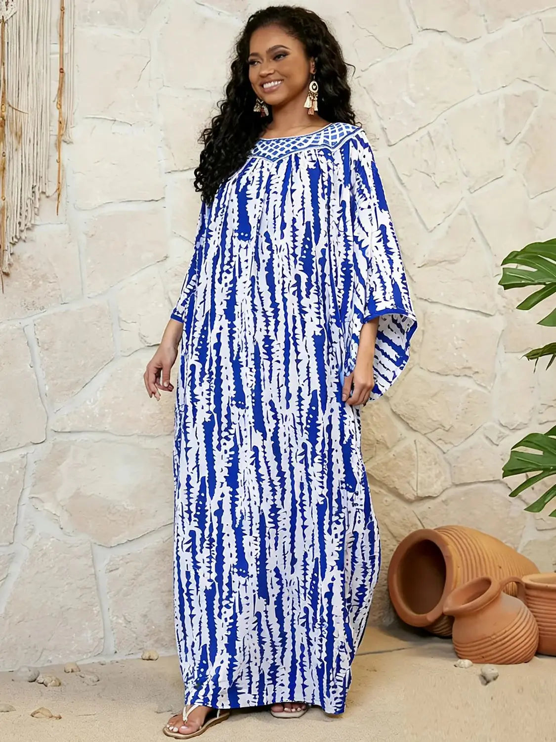 Embroidered Cotton Abaya Dress – Loose Boho Maxi Kaftan with Tassel De – Elariah