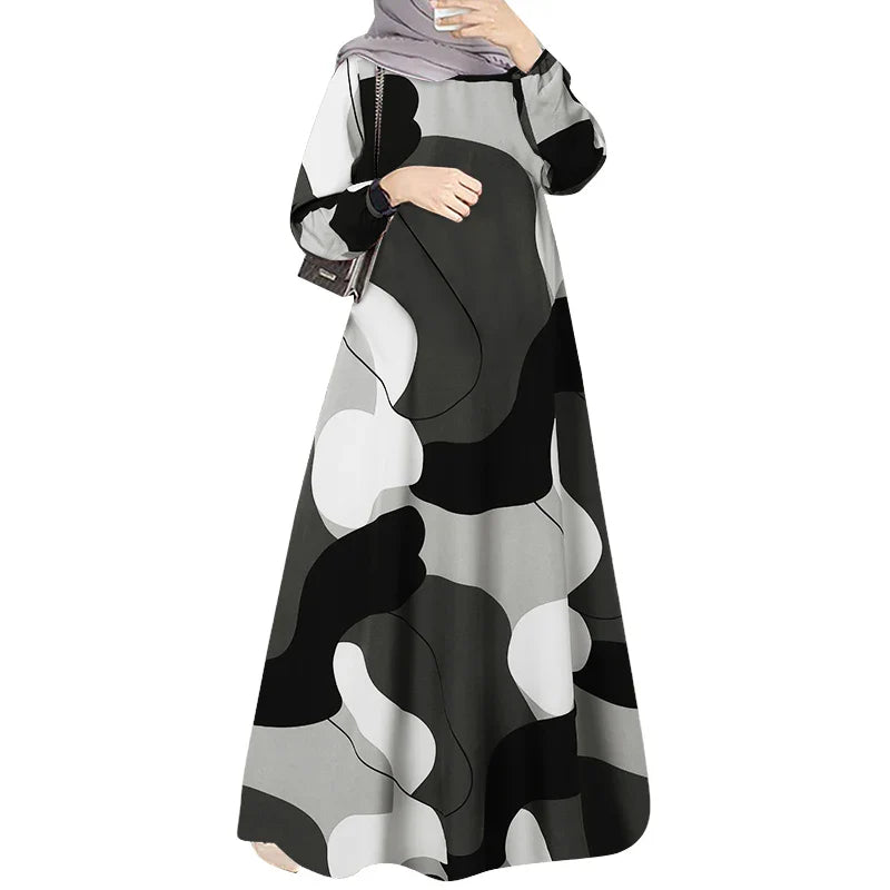 Elariah Women's Printed Maxi Kaftan Dress – Loose Fit Long Sleeve O-Neck Modest A-Line Abaya