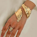 Vintage Gold Leaf Bracelet & Adjustable Ring Set for Women – Pleated Leaf Design, Elegant Gold Tone Jewelry Set