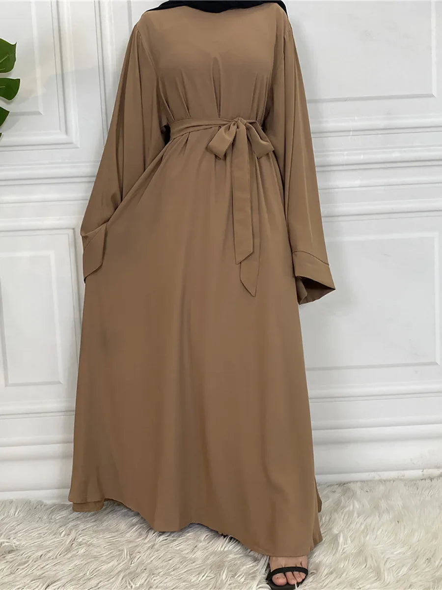Elegant Modest Maxi Dress with Waist Tie – Long Sleeve Woven Abaya Style Dress for Women (All Season)