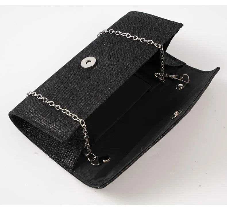 Elariah Shimmer Envelope Clutch Bag – Silver Glitter Evening Handbag with Chain Strap for Weddings & Party Wear