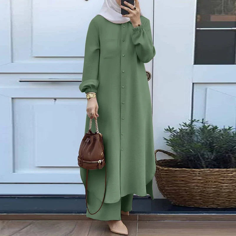 Elariah Modest Co-Ord Abaya Set – Long Sleeve Button Shirt & Wide-Leg Trousers | Casual Islamic Outfit for Women