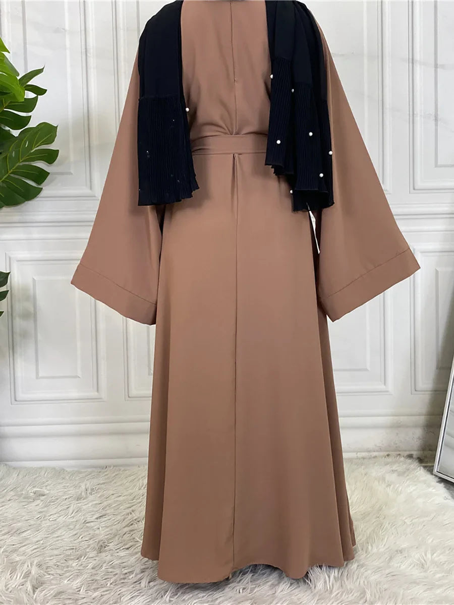 Elegant Modest Maxi Dress with Waist Tie – Long Sleeve Woven Abaya Style Dress for Women (All Season)