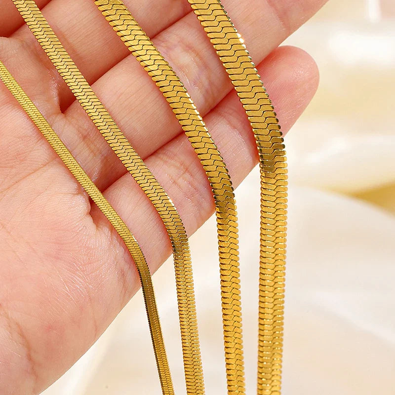 Classic Flat Snake Chain Choker Necklace – Stainless Steel Herringbone Design in Gold & Silver