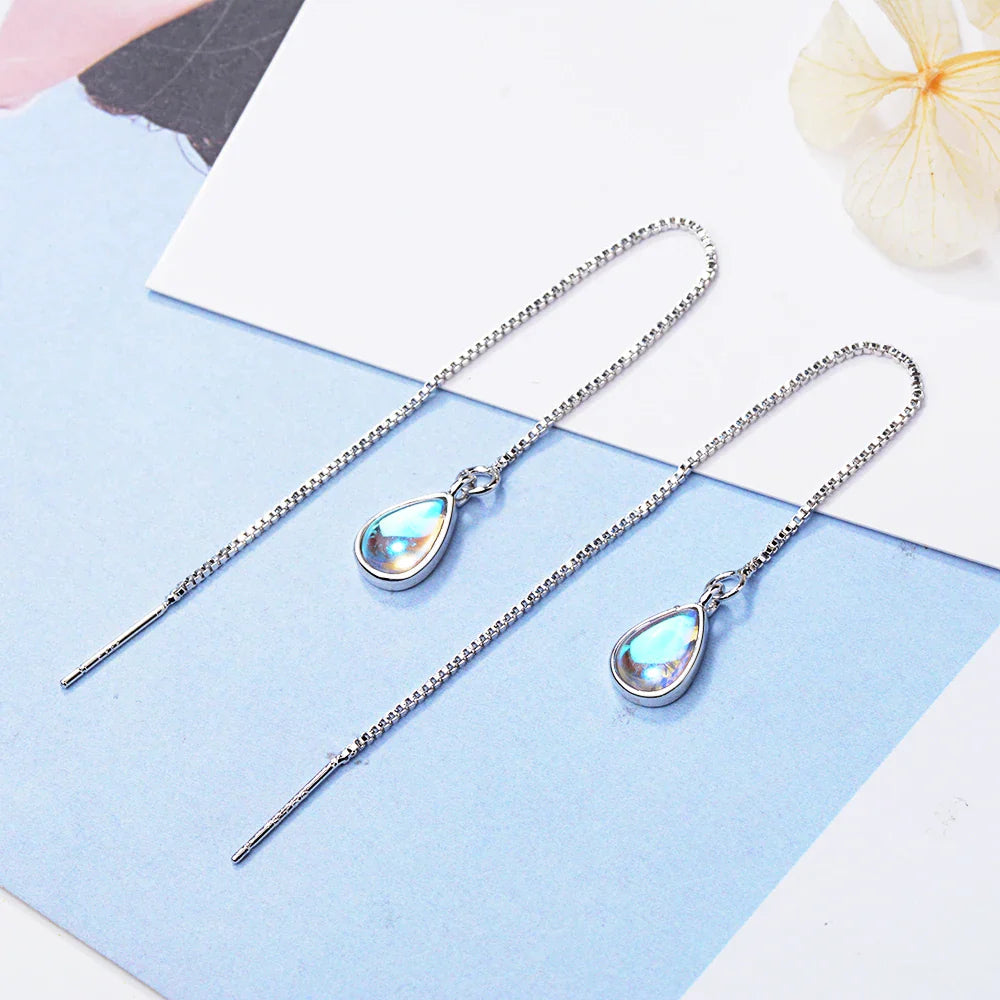 Elegant Teardrop Moonstone Threader Earrings – Long Chain Dangle Style for Women