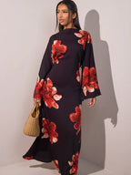 Elariah Floral Print Modest Kaftan Abaya Dress – Long Sleeve Maxi Jalabiya for Eid, Ramadan & Special Occasions