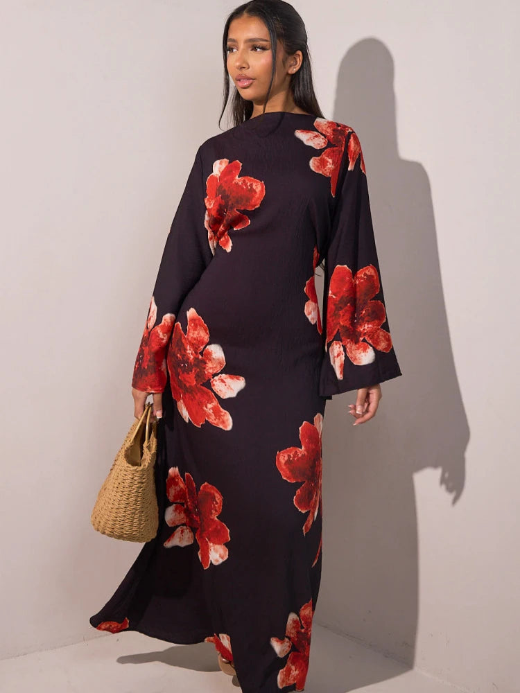 Vestido Abaya modesto con estampado floral Elariah para mujer – Caftán musulmán de manga larga, elegante vestido maxi Jalabiya para Eid, Ramadán y ocasiones especiales