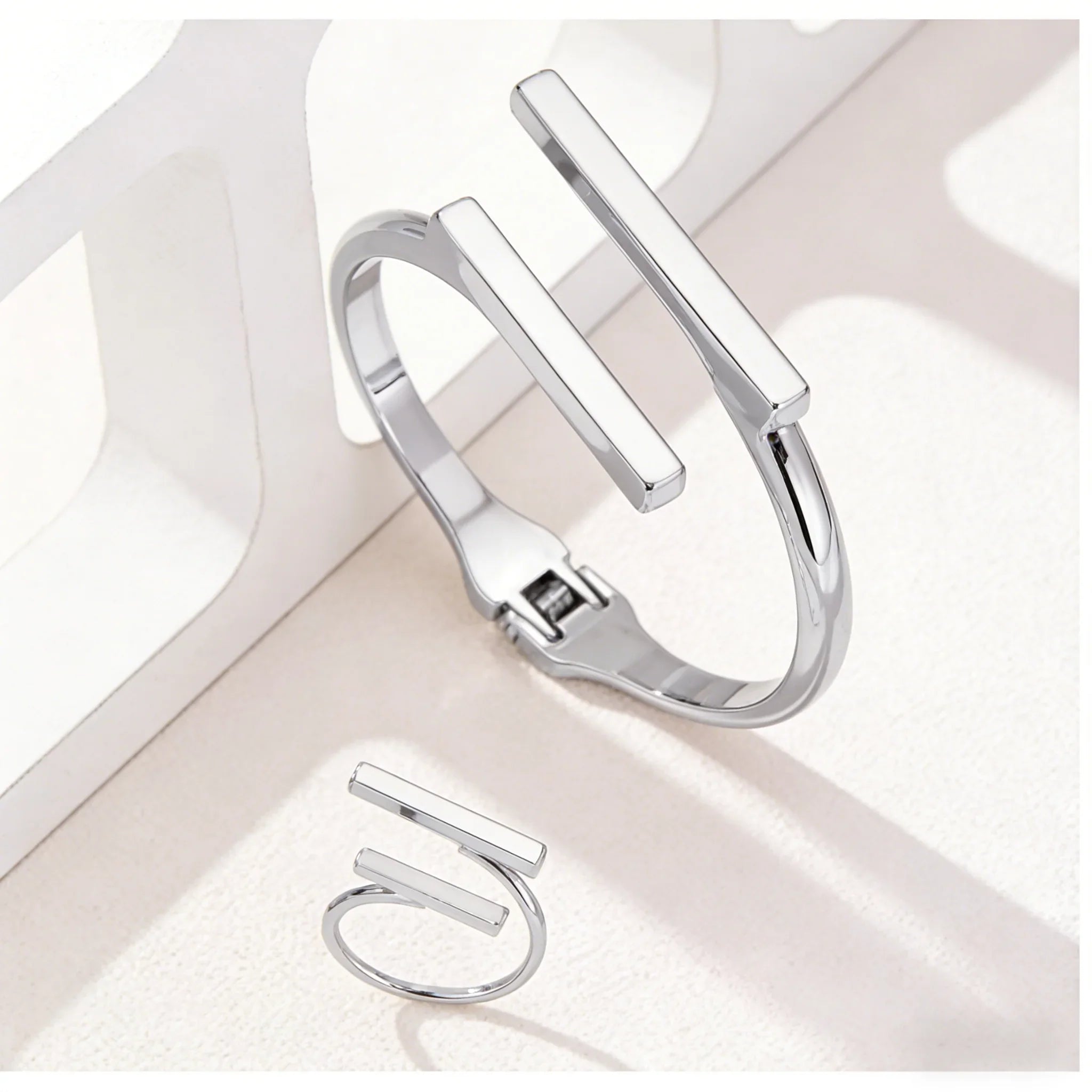 Geometric Open Bracelet & Ring Set for Women – Minimalist Stainless Steel Cuff Bangle and Adjustable Ring Jewelry Set