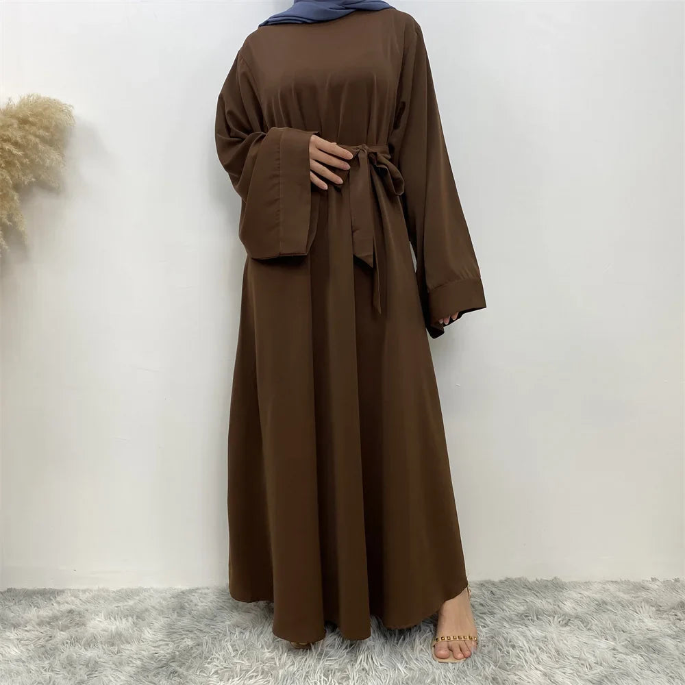 Elegant Modest Maxi Dress with Waist Tie – Long Sleeve Woven Abaya Style Dress for Women (All Season)
