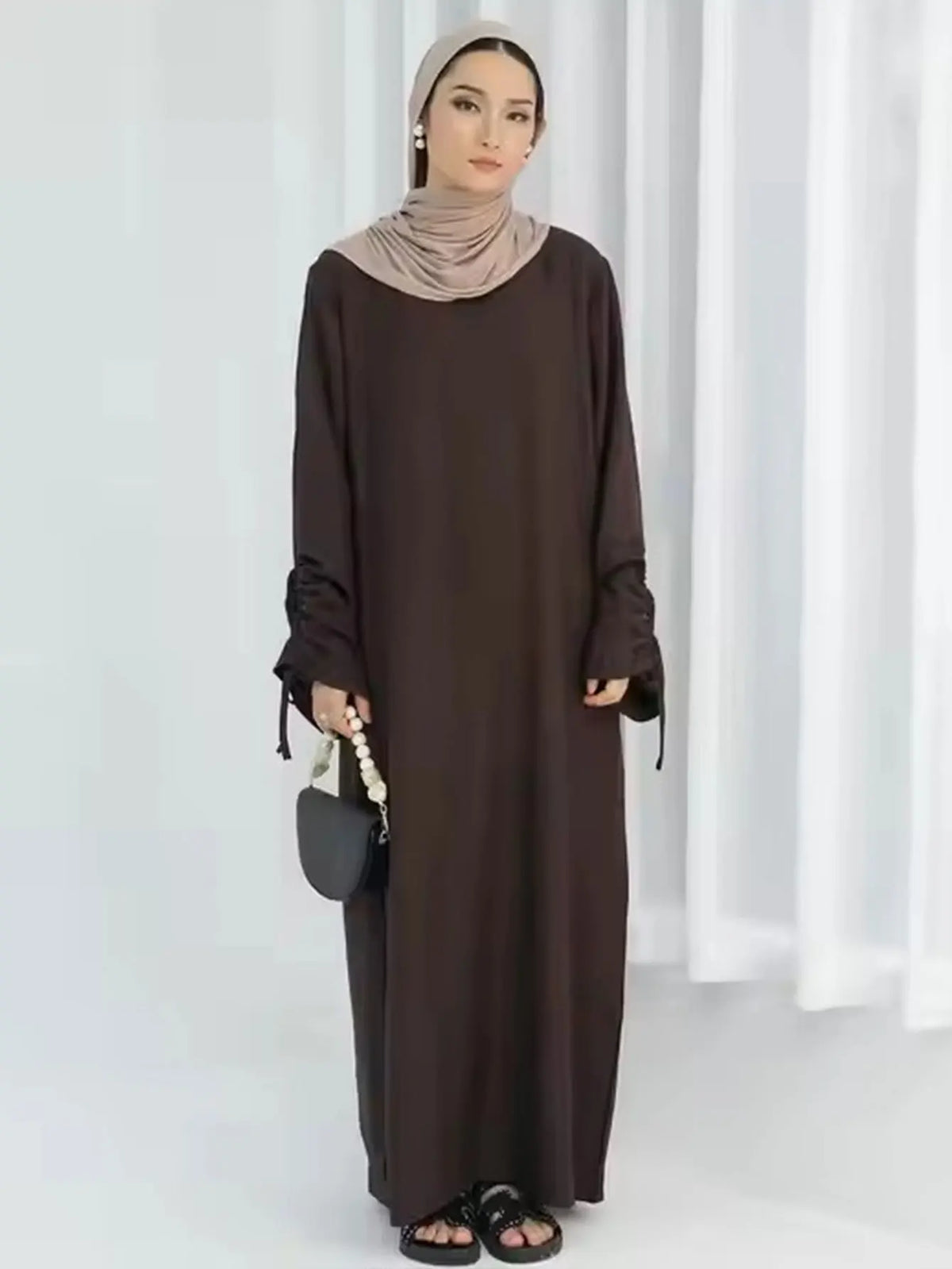 Elariah Women's Modest Lace-Up Sleeve Abaya Dress – Loose Fit Islamic Maxi Kaftan Robe for Eid, Ramadan & Everyday Wear