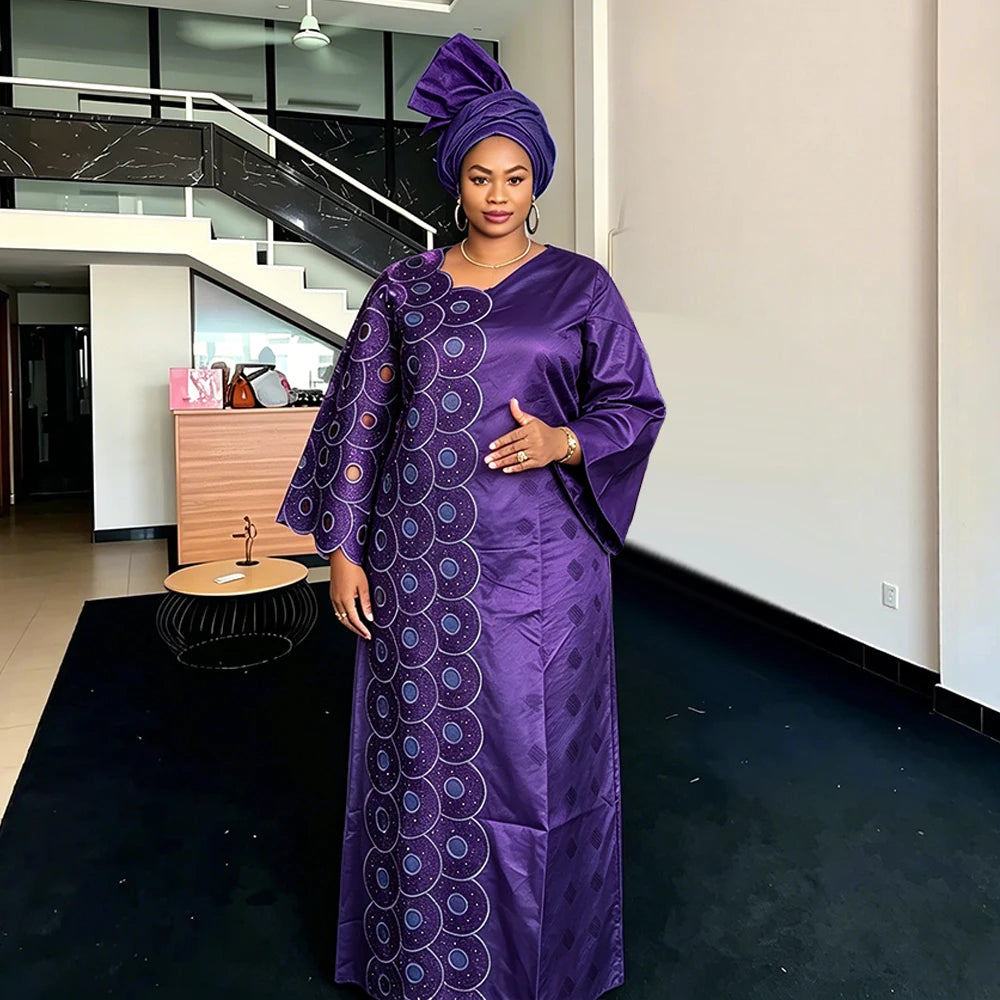 ladies dashiki dress Plus Size African Embroidered Maxi with Headscarf for Women – Bazin Style Wedding & Party Dress (L–4XL) Purple / 4XL Delicate Flowy Mermaid Off RS-06.29.26 The sewing is of Color:Champagne Bronze