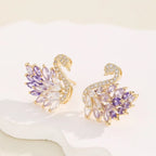 Swan Zircon Stud Earrings for Women – Gold Plated Copper Long Swan Earrings with Micro-Pavé Cubic Zirconia | Elegant Goddess Style Jewelry