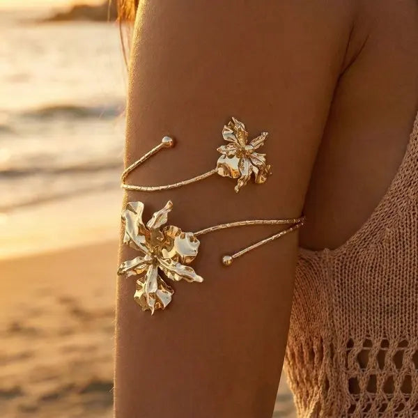 Elariah Antique Gold Hollow Flower Open Cuff Bracelet for Women – Adjustable Floral Boho Arm Cuff Bangle