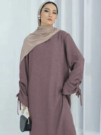 Modest Maxi Abaya Dress for Women – Loose Fit Long Sleeve Lace-Up Cuff Islamic Prayer Kaftan (Autumn/Winter)