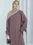 Elariah Women's Modest Lace-Up Sleeve Abaya Dress – Loose Fit Islamic Maxi Kaftan Robe for Eid, Ramadan & Everyday Wear