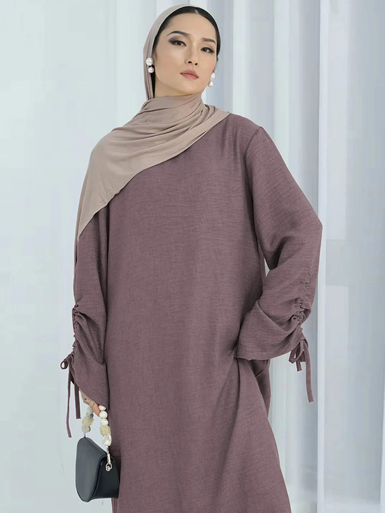 Elariah Women's Modest Lace-Up Sleeve Abaya Dress – Loose Fit Islamic Maxi Kaftan Robe for Eid, Ramadan & Everyday Wear