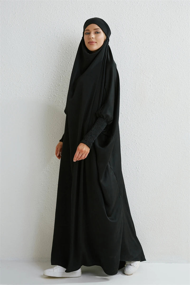 Elariah Hooded Modest Prayer Abaya for Women – Loose Fit Islamic Jilbab Maxi Dress with Smocked Sleeves