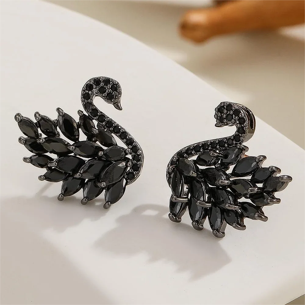 Swan Zircon Stud Earrings for Women – Gold Plated Copper Long Swan Earrings with Micro-Pavé Cubic Zirconia | Elegant Goddess Style Jewelry