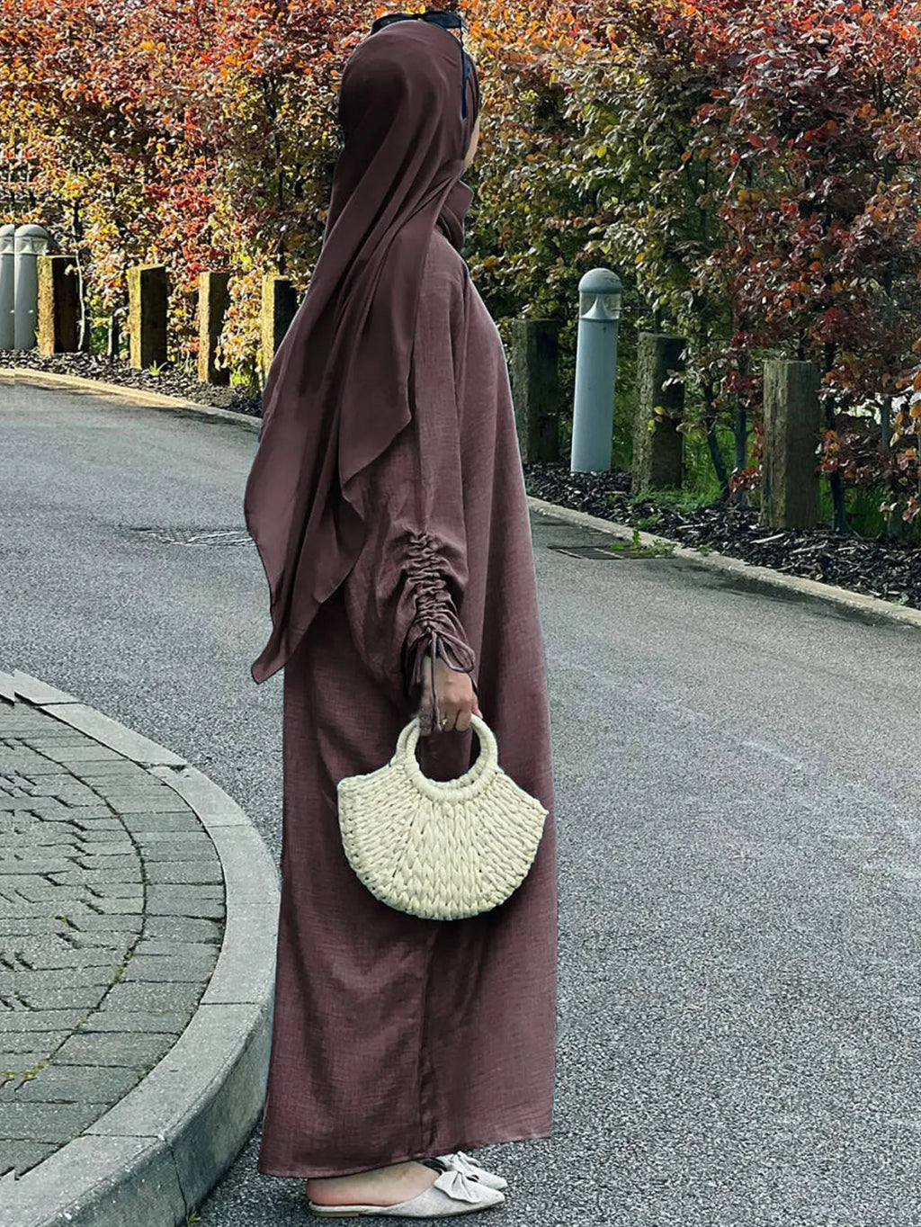Elariah Women's Modest Lace-Up Sleeve Abaya Dress – Loose Fit Islamic Maxi Kaftan Robe for Eid, Ramadan & Everyday Wear