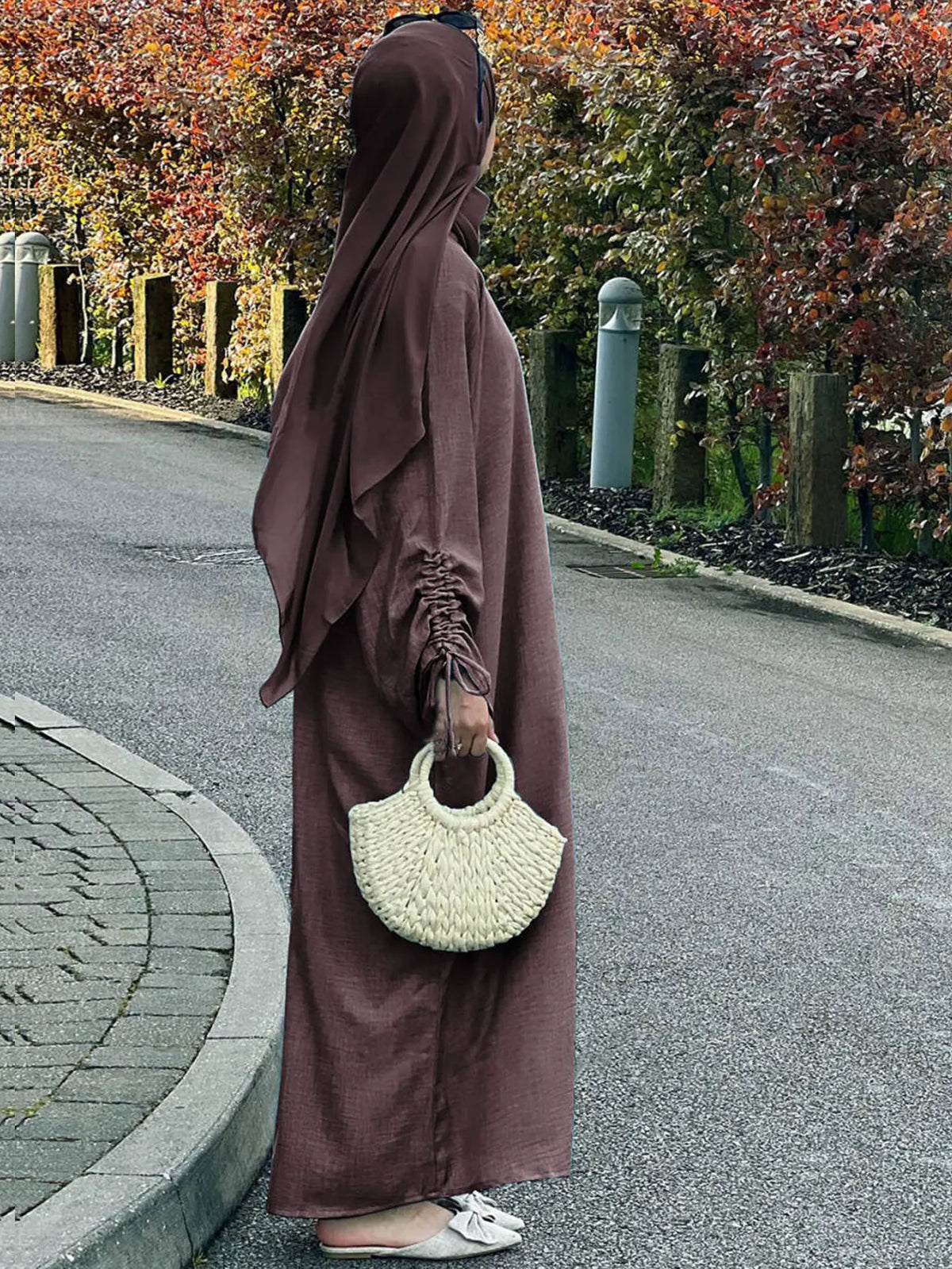 Elariah Women's Modest Lace-Up Sleeve Abaya Dress – Loose Fit Islamic Maxi Kaftan Robe for Eid, Ramadan & Everyday Wear