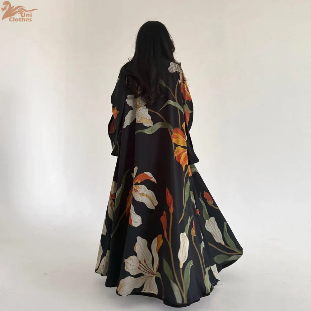 Elariah Women's Floral Print Open Front Abaya with Matching Hijab Scarf – Modest Maxi Cardigan Kaftan, Black Polyester