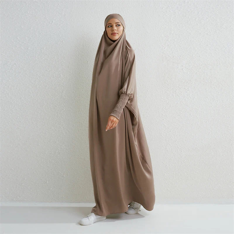 Elariah Hooded Modest Abaya Dress – Loose Fit One-Piece Jilbab with Smocked Sleeves (Black)