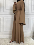 Elegant Modest Maxi Dress with Waist Tie – Long Sleeve Woven Abaya Style Dress for Women (All Season)