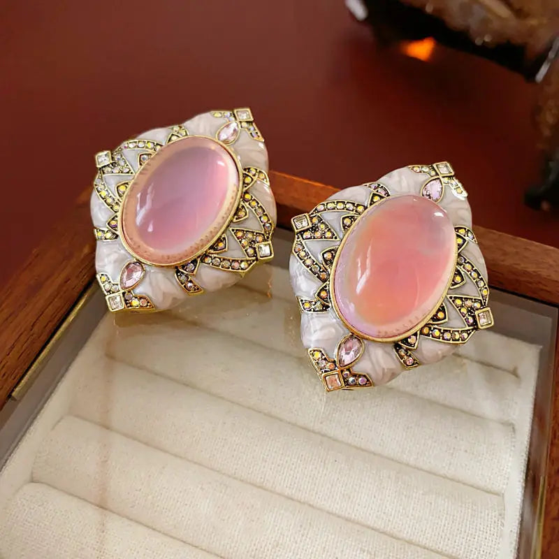 Elariah Vintage Red Resin Oval Stud Earrings – Large Gold-Tone Geometric Statement Earrings for Women