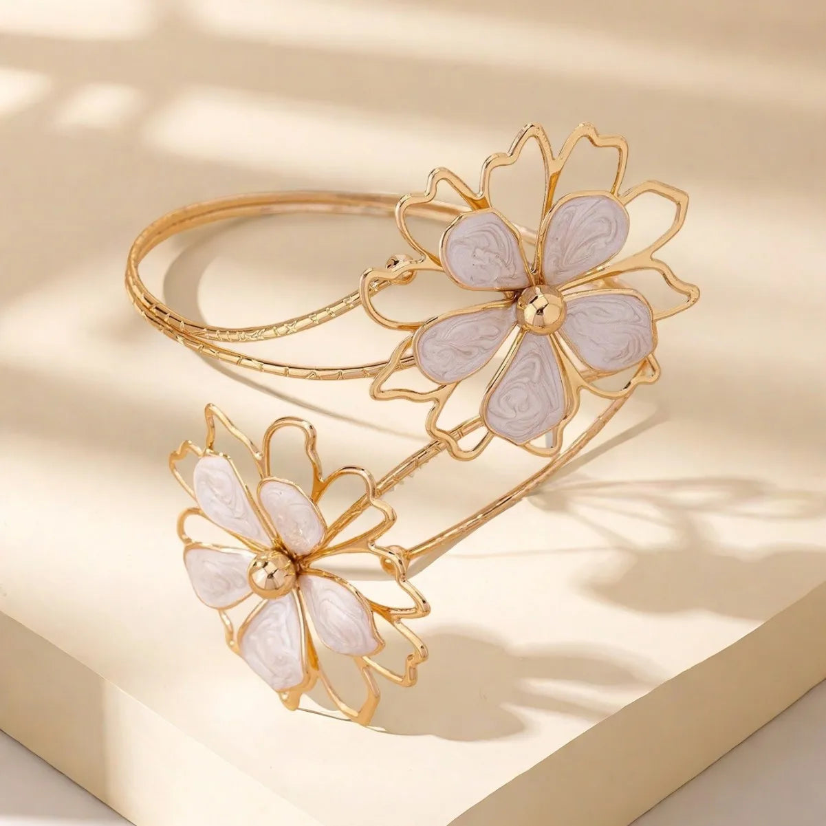 Elariah Antique Gold Hollow Flower Open Cuff Bracelet for Women – Adjustable Floral Boho Arm Cuff Bangle